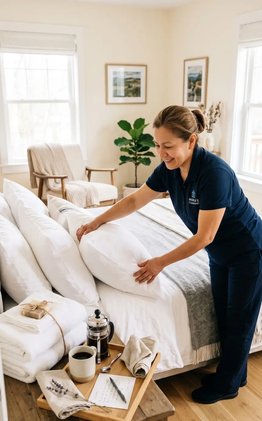 A cleaner detailing a bright, guest-ready short-term rental interior