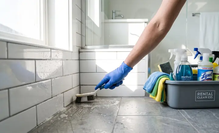 A cleaner deep-scrubbing detail areas with a caddy of brushes and supplies