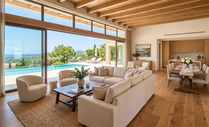 A spacious vacation rental living area cleaned and styled for guests
