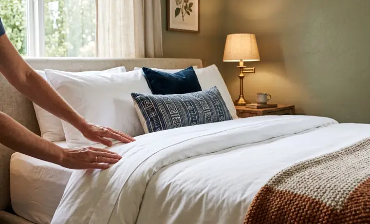 A cleaner making up a bed with crisp white linens in a short-term rental